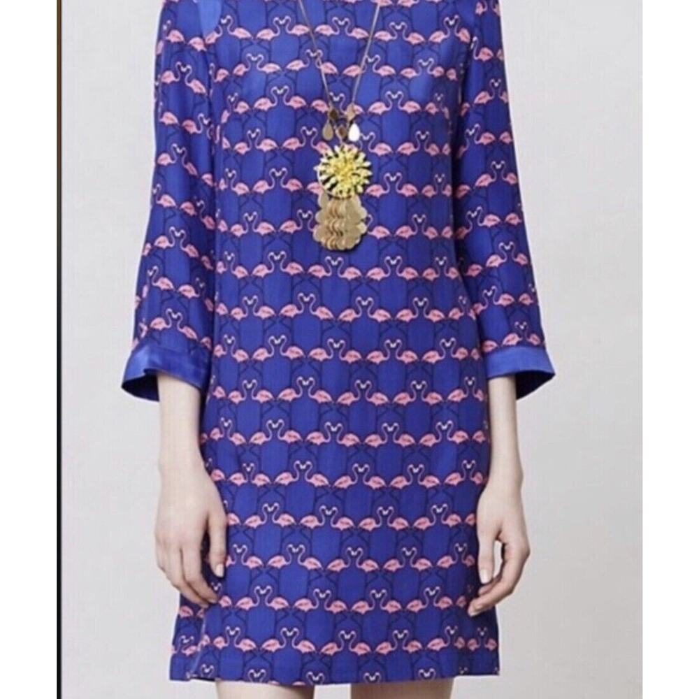 Anthropologie Harlyn 100% Silk Flamingo Repeat Shift Tunic Dress Blue XS